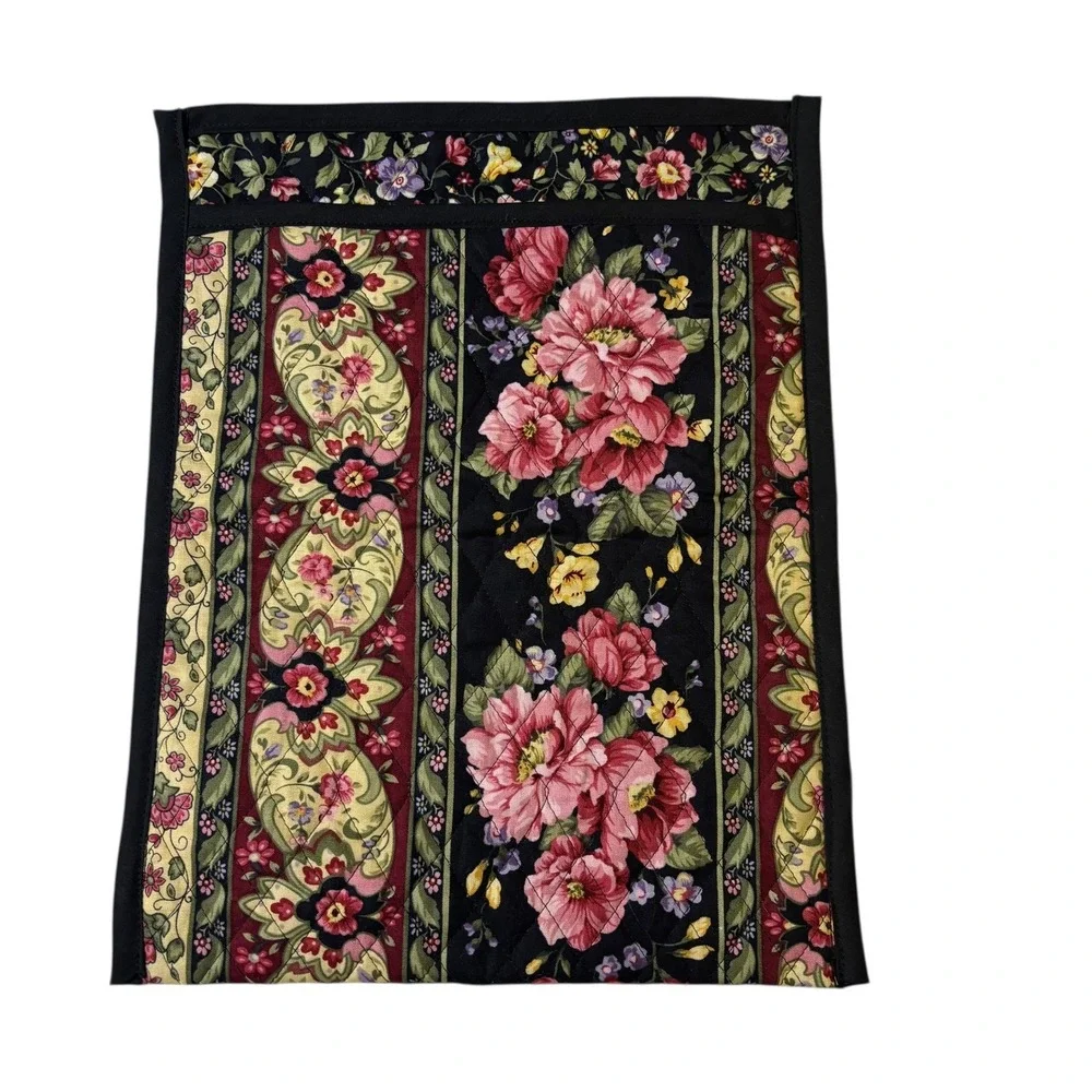 Floral Quilted Pouch Pocket Organizer Black Pink‎ Yellow Burgundy Vintage Accent